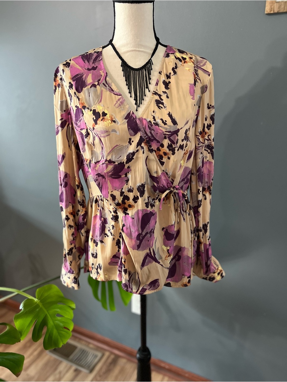 Large Thalia Sodi Beige Floral Wrap Blouse with Purple Accents and Animal Print